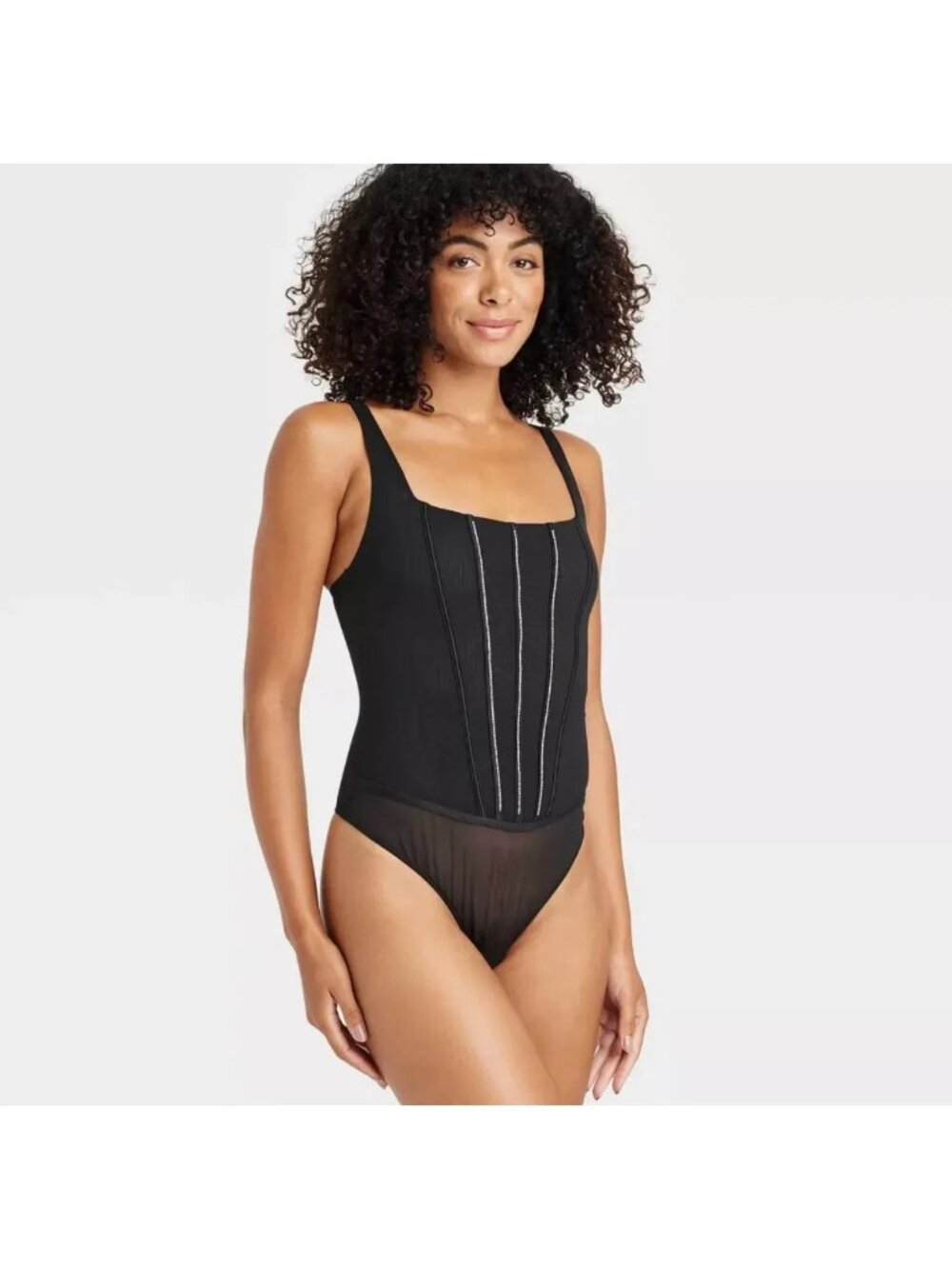 Auden size Medium Rhinestone Lingerie Bodysuit Thong Mesh Bling BLACK NEW